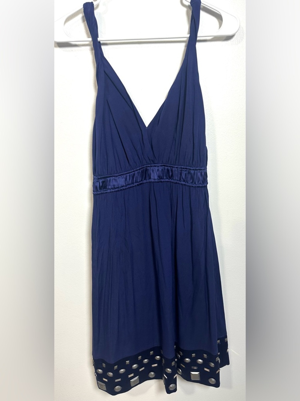 Hale Bob Navy Blue Silk V-Neck Twisted strap Dress with chunky Beaded Hem